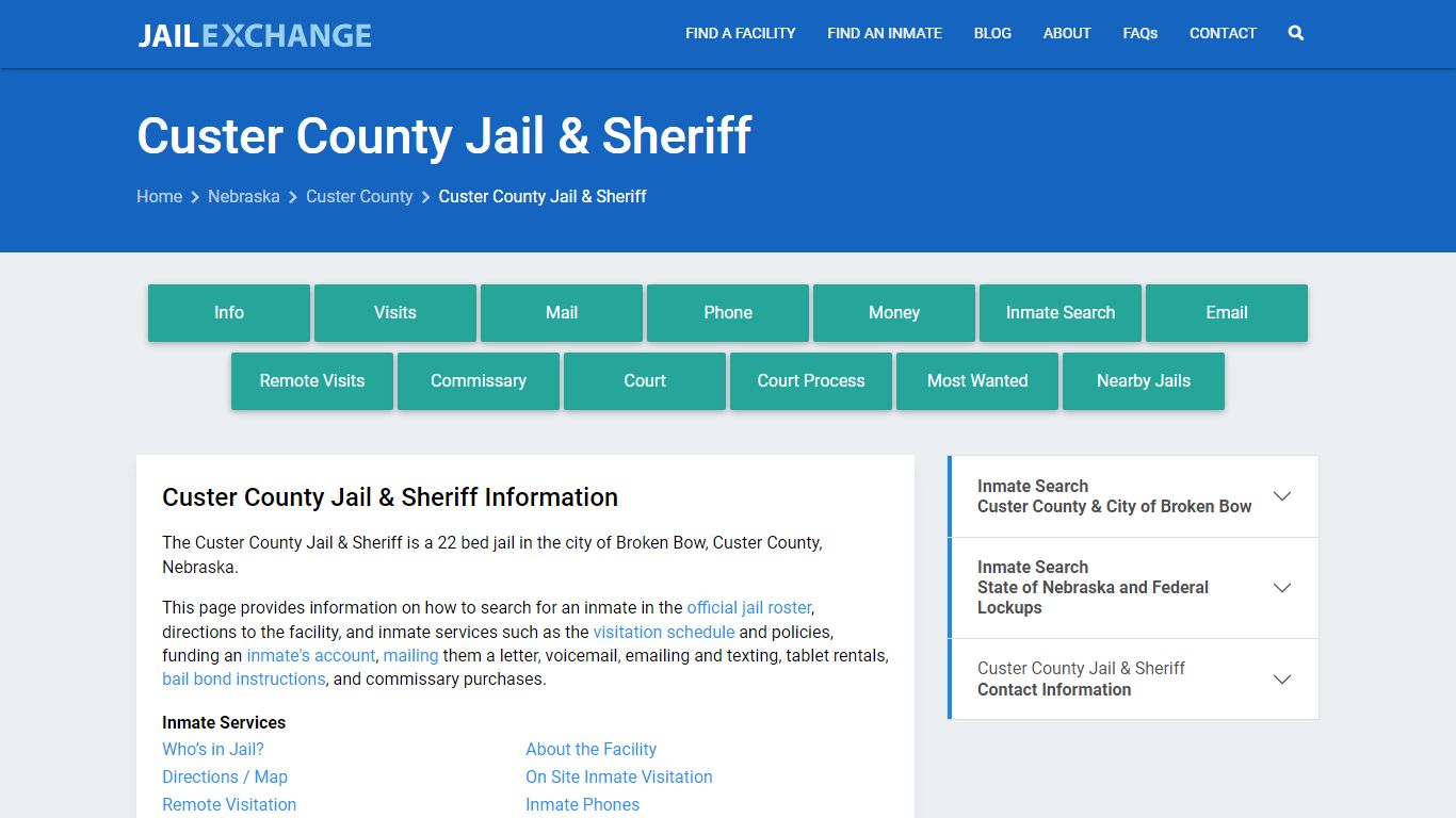 Custer County Jail & Sheriff, NE Inmate Search, Information