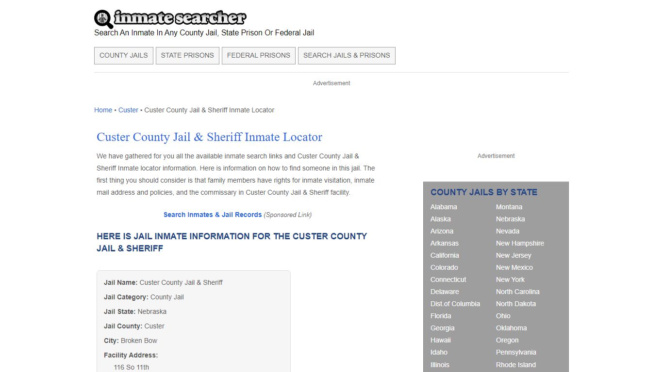 Custer County Jail & Sheriff Inmate Locator - Inmate Searcher